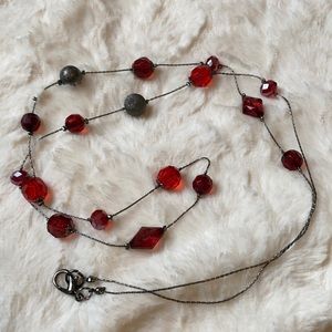 Long Silver & Red Beaded Necklace